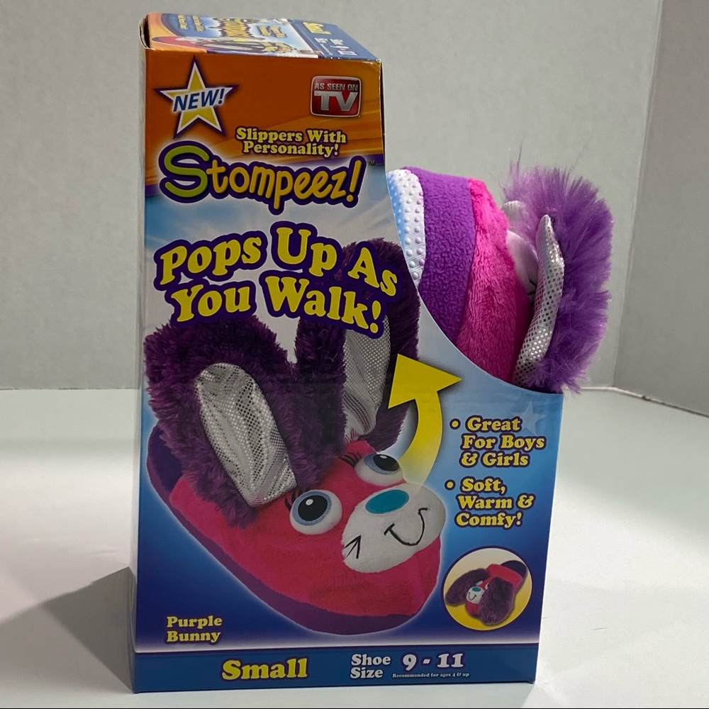 Stompeez Sz small 9-11 kids purple bunny slippers - ears pop up when they walk